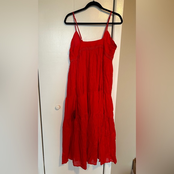 Out and About Bright Red Tiered Lace-Up Midi Dress - size XL - Picture 3 of 8
